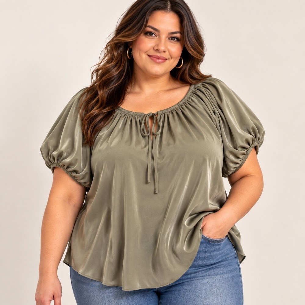 HM Olive Green Satin Puff Sleeve Tie Neck Blouse XXL New